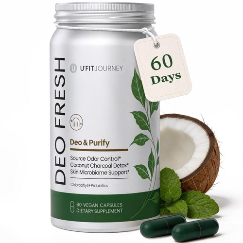U+FITJOURNEY Deo Fresh 6-in-1 Chlorophyll & Probiotics Capsules-body deodorizering Supplement Support Full Body Odor Control, Digestive Health, Energy Boost with Zinc & Charcoal-60 Vegan Capsules
