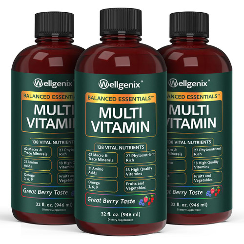 Wellgenix Balanced Essentials Liquid Multivitamin Dietary Supplement with Vitamins and Minerals – Berry Flavor – 32 fl oz (Pack of 3)