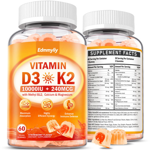 Vitamin D3 Supplement 10000IU for Adult - Vitamin D3 5000IU / 10000IU Gummies with K2, Methyl B12, Calcium, Magnesium, Zinc and Elderberry for Women & Men - Sugar-Free, Vegan Vitamin D Gummies