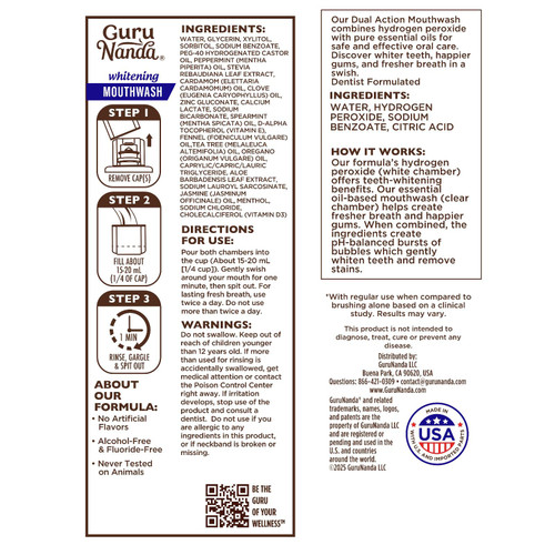 GuruNanda Teeth Whitening Dual Barrel Oxyburst Mouthwash - Alcohol & Fluoride Free, Hydrogen Peroxide to Promote Whiter Teeth - Wild Mint - 3x20 Fl Oz