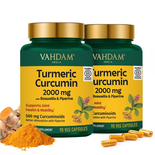 VAHDAM Turmeric Curcumin 2000mg (500mg Curcuminoids) with Boswellia & Piperine for Fast Absorption | Supports Joint Health and Mobility | 90 Capsules (Pack of 2)