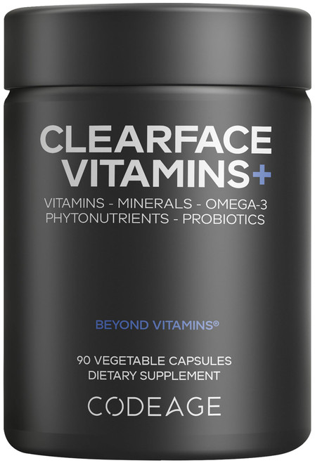 Codeage Clearface Pantothenic Acid, Niacin Supplement, Vitamins A, C, D3, E, Probiotics, Zinc, Riboflavin, Thiamin, L-Lysine HCL & Omega-3, Niacinamide, Skin Botanical Blend - Non-GMO - 90 Capsules