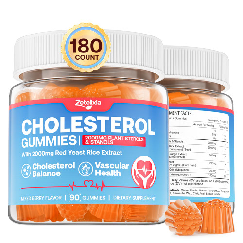 Cholesterol Gummies, Cholesterol Supplements with 2000mg Plant Sterols & Stanols, Red Yeast Rice, 500mg Bergamot Orange, Support Healthy Cholesterol Levels for Women & Men, Mixed Berry Flavor, 180Ct