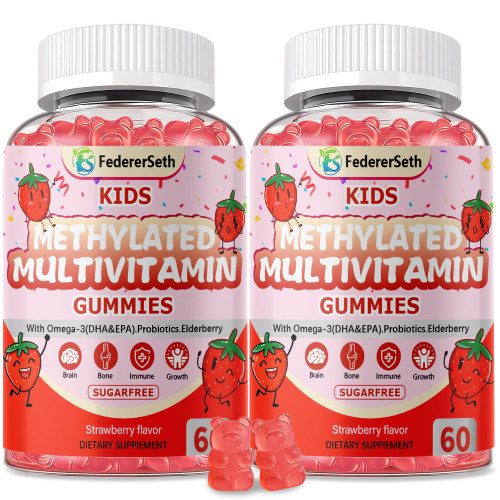 FedererSeth (2 Pack) Methylated Multivitamin Kids Gummies + Omega3, Methylfolate & B12, Calcium, Probiotics, Elderberry, for Kids & Teens, for Growth, Immune, Bone, Brain, Focus, No Sugar - 120 Count