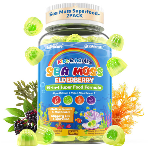 2pack Sea Moss Gummies for Kids & Adults, 19-IN-1 Super Food with Elderberry, Spirulina, Algae Omega 3, Algae Calcium, Ashwagandha, Mushroom, Vitamins D3, C for Immune, Gut, Bone, Energy, Brain, Vegan