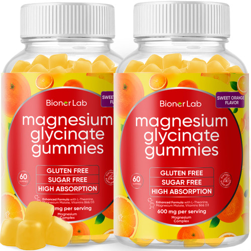 BionerLab Magnesium Glycinate Chewable Gummies (600mg) for Kids & Adults Women Men - Vegan Complex with Calcium Potassium Vitamin D B6 L-Theanine - Sugar & Gluten Free - Orange Flavor