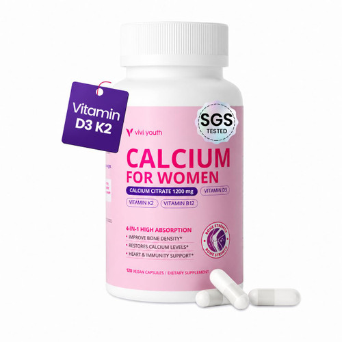 VIVI Youth Calcium Supplements for Women - 4-In-1 Calcium Citrate 1200 mg with Vitamin D3 K2, B12 - High Absorption Calcium Citrate & Carbonate for Bone Density & Strength, Non-GMO, 120 Vegan Capsules