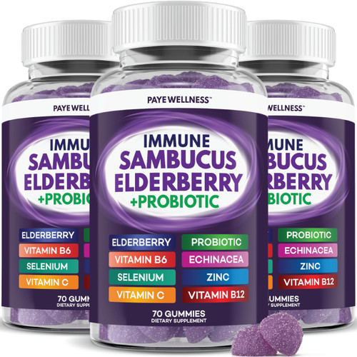 PAYÉ Elderberry Gummies, Vitamin C Immune Support + Probiotic Gut Health Supplement - Sambucus, Echinacea, Vitamin B, Zinc, Selenium, 210 Gummies for Adults and Kids