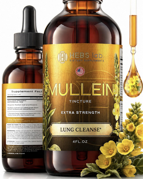 HEBS LAB. Mullein Leaf Extract for Lung Cleanse and Health - Mullein Drops Made in USA - Lung Support Supplement - Herbal Respiratory Support - Mullein Extract Tincture 4 Fl Oz