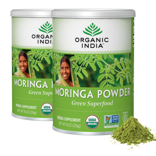 ORGANIC INDIA Moringa Powder - Moringa Oleifera Leaf Herbal Supplement, Green Superfood, Nutrient Dense, Pure Plant Protein, Vitamin A, E, K, Iron, Calcium, Fiber, Vegan, USDA Certified - 8 oz, 2-Pack