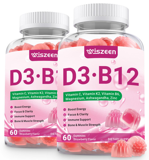 Wiszeen Vitamin D3 B12 Gummies, Vitamin D3 10000 IU & Methylated B12 500mcg for Adults, D3 B12 Vitamin Supplement with Ashwagandha, Magnesium, Vitamin K2 for Immune & Energy Support