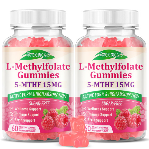 MEENCCD 2 Pack L-Methylfolate Gummies, Methylfolate Supplement, 5-MTHF Supplement - Active 5-MTHF - Supports Overall Wellness, Vegan, Raspberry Flavor, 120 Count