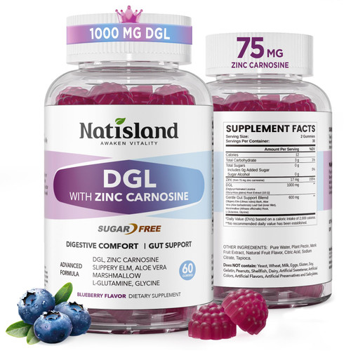 NATISLAND DGL & Zinc Carnosine Gummies, Daily Digestive Comfort Support, Deglycyrrhizinated Licorice Extract & Gentle Gut Blend, DGL Supplement, Sugar-Free, Non-GMO, 2PC, 120 Count