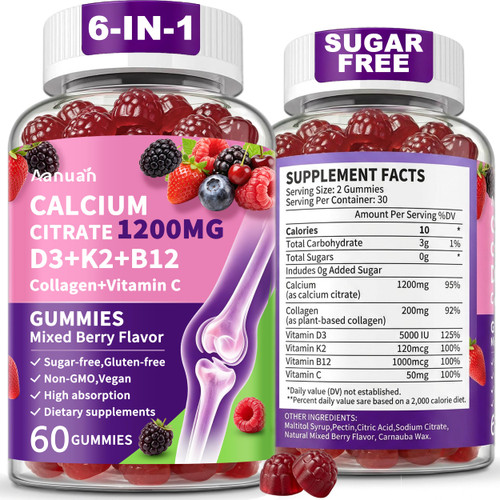 (2 Pack) Calcium Citrate 1200 mg Gummies with Collagen, Vitamin C D3 K2 B12
