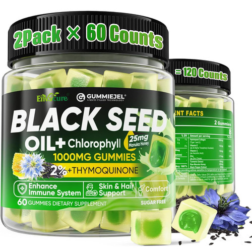 Black Seed Oil Gummies & Chlorophyll, Biotin 500mcg with Hydrolyzed Collagen, Raw Manuka Honey, Organic Cold Pressed - Ultimate Absorption for Skin, Hair & Nails, Digestive, Overall Health,2 Pack