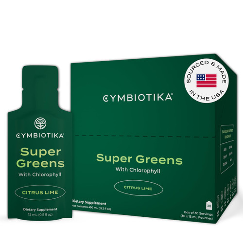 CYMBIOTIKA Super Greens Supplement with Chlorophyll, Spirulina, Daily Vegan Superfood Packets for Digestive Gut Health, Detox, Energy and Immune Support, Citrus Lime Flavor, 15 mL Pouches, 30 Pack