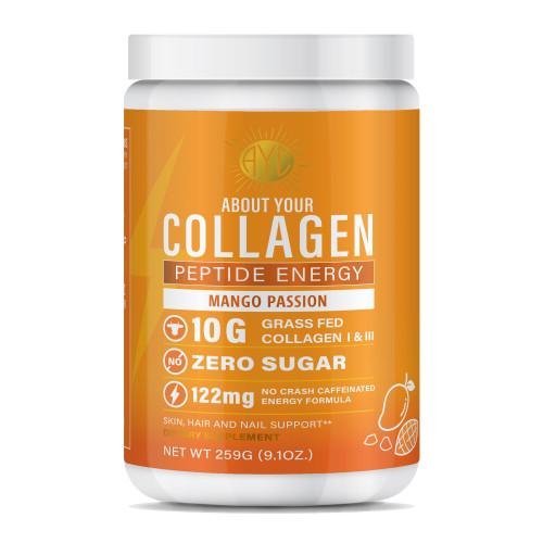 ABOUT YOUR COLLAGEN Peptide Energy Collagen Powder Hair, Nail, Skin, Type I & III,Caffeine for Energy, Vitamin C, Biotin, Hyaluronic Acid, Zero Sugar – 8.92 oz (Mango Passion)
