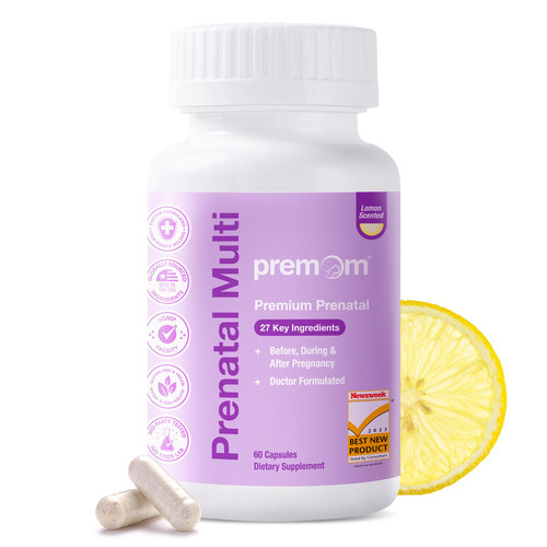 Premom Prenatal Vitamins for Women, 27-in-1 Prenatal Multivitamin & Mineral Supplement, Pregnancy Essentials with 680mcg 5-MTHF Methylfolate, 225mg Choline, & Iron, 60 Veggie Capsules, Lemon Scent