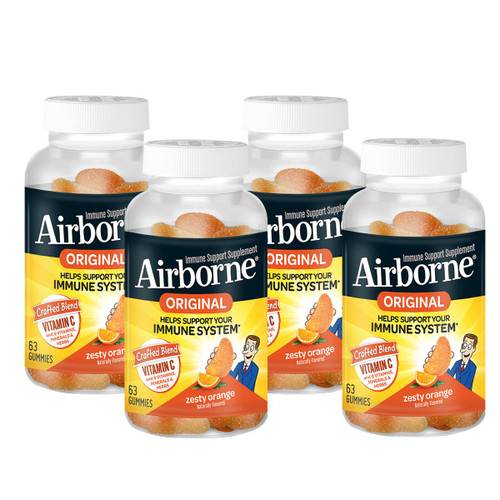 Airborne Immune Support Gummies, Zesty Orange Flavor, 63 ct - 750 mg Vitamin C + Vitamins A, D & E + Zinc, Selenium, and Manganese | with Herbal Blend | Naturally Flavored (4 Pack)