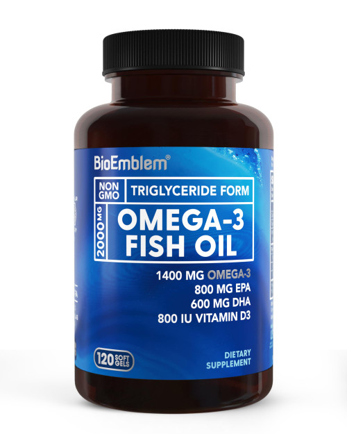 BioEmblem Omega-3 Fish Oil 2000mg Per Serving - Small Size Softgels, High Absorption Form, Sustainable - EPA &DHA Plus Vitamin D3, Non-GMO, Heart, Joint, & Brain Health Fish Oil Supplement, 120 Ct