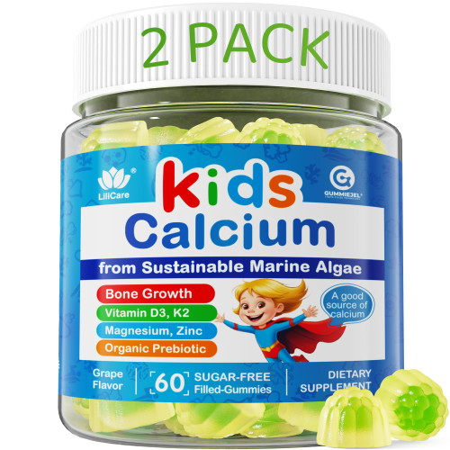 2 Pack - Calcium for Kids 400mg, Sugar Free Kids Calcium Gummies w/Vitamin D3 K2, Magnesium, Zinc, Extra Absorption Algae Calcium for Children Bone Strength, Development, Chewable Kids Vitamins Vegan