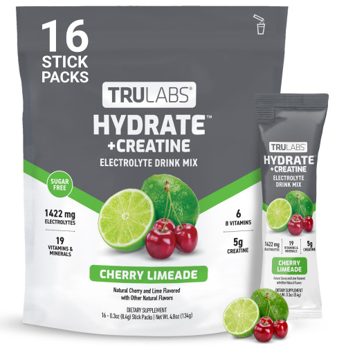 TRULABS Hydrate + Creatine Electrolytes Drink Mix – Cherry Limeade Flavor with 5g Creatine Monohydrate, 1422mg Electrolytes, 19 Vitamins & Minerals, 6 B Vitamins, Sugar-Free (16 Stick Packs)