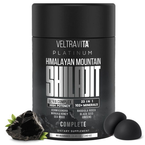 VeltraVita Himalayan Shilajit Gummies, 23-in-1 with Sea Moss, Ashwagandha, Tongkat Ali, Black Seed Oil & Rhodiola Rosea, Lab Tested, 60 Gummies