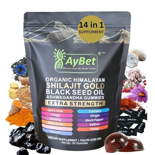 AyBet Organic Himalayan Shilajit Gold Gummies for Men and Women, Black Seed Oil, Ashwagandha, Ginseng, Turmeric, Gokshura, Lion's Mane, Lab Tested, No Sugar Added, Halal, 60Gummy
