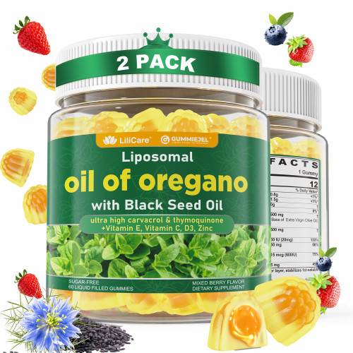 LILICARE Oil of Oregano with Black Seed Oil Filled Gummies, Aceite De Oregano Capsulas Alternative, Carvacrol & Thymoquinone with Vitamin E, C, D3, Zinc, Liposomal Form, Sugar Free, 2 Pack