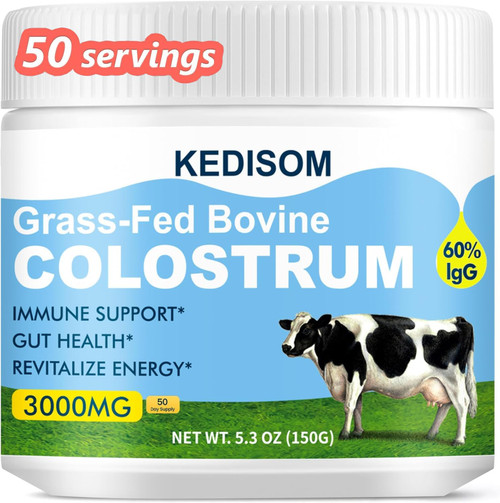 KEDISOM Grass-Fed Bovine Colostrum Supplement Powder - 60% High IgG 3000 mg for Gut Health, Immune Support - Easy to Mix Natural Liposomal Colostrum Superfood, Unflavored, 50 Servings