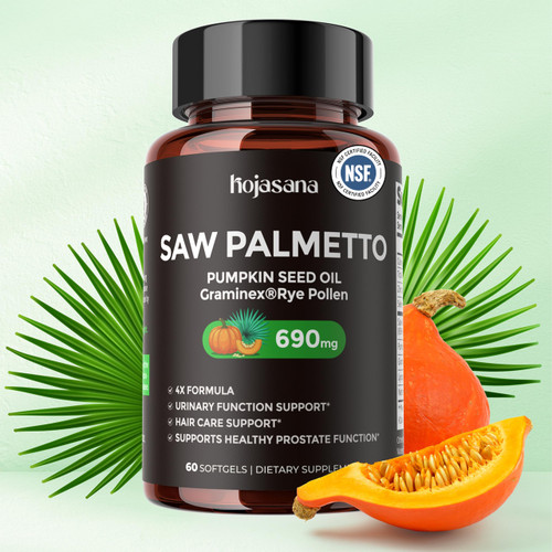 HojaSana 6-in-1 Saw Palmetto Prostate Health Supplement for Men Over 40 — 320mg Pharmaceutical Grade with Graminex, Pumpkin Seed Oil, Nettle — Natural Urinary Tract & Hair Health Support, 60 Softgels