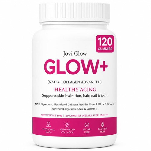 AIFBENK Jovi Glow+ NAD+ & Collagen Gummies, with Hydrolyzed Collagen Peptides, Resveratrol, Hyaluronic Acid & Vitamin C, Anti-Aging, Supports Skin, Hair & Nail Wellness, Daily Vitality Gummies