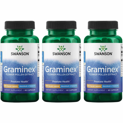 Swanson Maximum Strength Graminex Flower Pollen Extract - Supports Prostate Health, Urinary Tract Function, and Kidney Health - Mens Health Supplement - (60 Capsules, 500mg Each) (3 Pack)