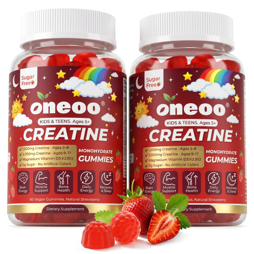 Creatine Monohydrate Gummies for Kids & Teens Ages 5+, with 1500mg-3000mg Creatine Monohydrate, with D3+K2 + Magnesium + B12, Supports Energy, Focus Bone & Brain Health, Sugar-Free, Strawberry 2 Pack