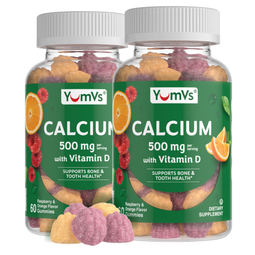 YUM-V'S Calcium 500mg with Vitamin D3 - Raspberry & Orange Flavor Calcium Vitamin D Gummies, Chewable Calcium Supplement for Kids & Adults, Vitamin D Calcium Gummies (60 Count (Pack of 2)
