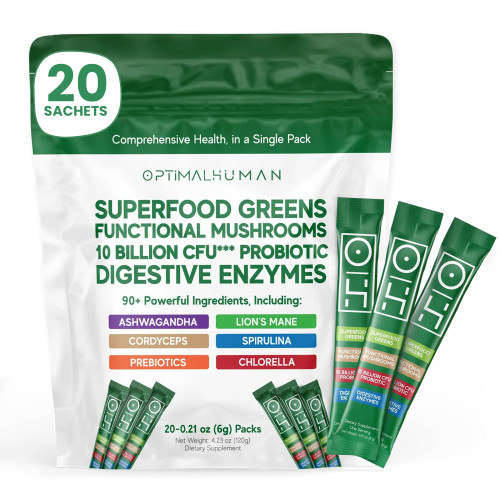 Optimal Human Superfood Greens Powder – 90+ Ingredient Blend with Lion’s Mane Supplement, Ashwagandha & Turmeric – Non-GMO, Soy-Free, Mushroom Supplements – 20 Sachets