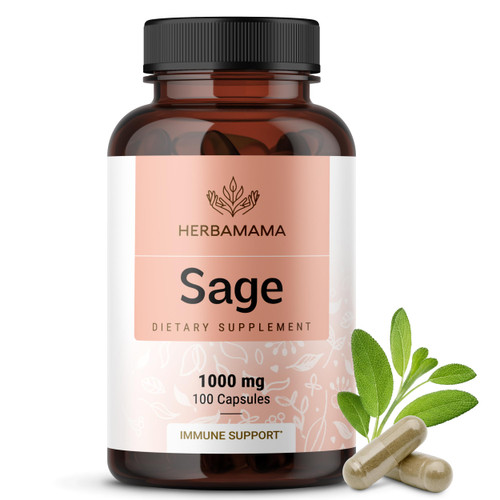 HERBAMAMA Sage Capsules - 1000mg Natural Digestive & Immune Support - Sage Leaves for Brain Clarity – Vegan, Non-GMO Salvia Officinalis Antioxidant Supplement