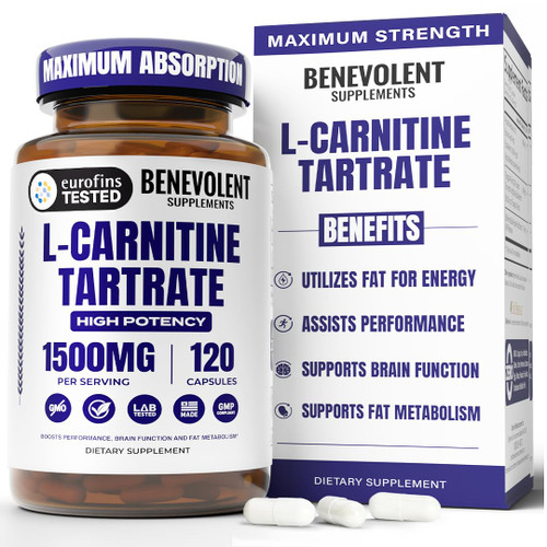 Benevolent L Carnitine Supplement - High Potency 1500mg L-Carnitine Tartrate - Fast Absorbing, Convert Fat to Energy, Support Lean Muscle, Boost Workout Performance & Metabolism – 120 Vegan Capsules