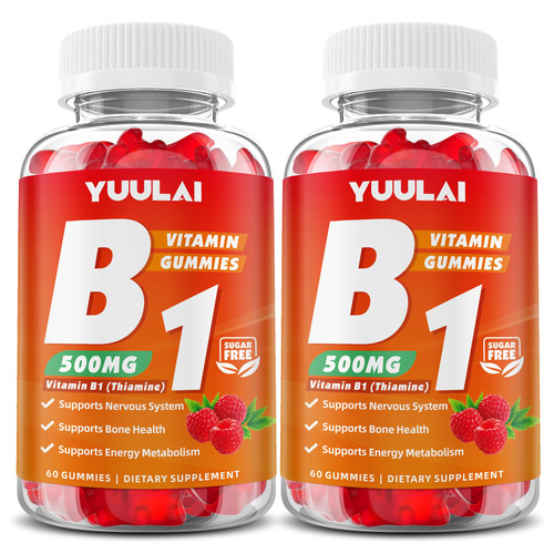 YUULAI Pack of 2 Vitamin B1 Gummies 500mg for Adults & Kids, Thiamine B1 Supplement with Magnesium, Vitamin B1 Supplement for Nervous System Supports & Boost Energy, Raspberry Flavor, 120 Count