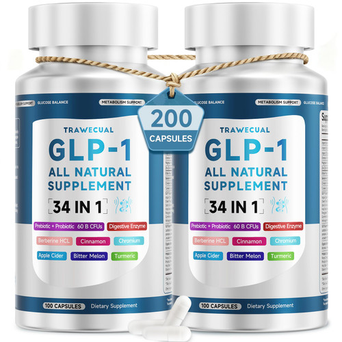 GLP-1 Supplement, 34-in-1 Formula to Support Healthy GLP1 Levels, digestion & Gut Health, with Berberine, Bitter Melon, Cinnamon, Turmeric, Probiotics, Prebiotics & Digestive Enzymes, 200 Capsules