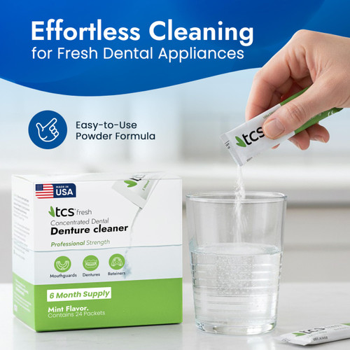 TCS Fresh Denture Cleaner – Professional Strength Concentrated Cleanser Mint Powder for Dental Cleaning – For Dentures, Night Guards, Aligners & Retainer Cleaner – 24 Packets (6 Month Supply)