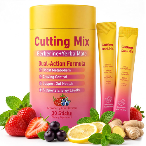 Cutting Drink Mix – Supports Satiety, Metabolism & Energy | Berberine, Chromium, FOS, Yerba Mate & 5-HTP | Gut Health & Clean Fuel | Sugar-Free, Vegan, Non-GMO | Strawberry Açaí | 30 Sticks