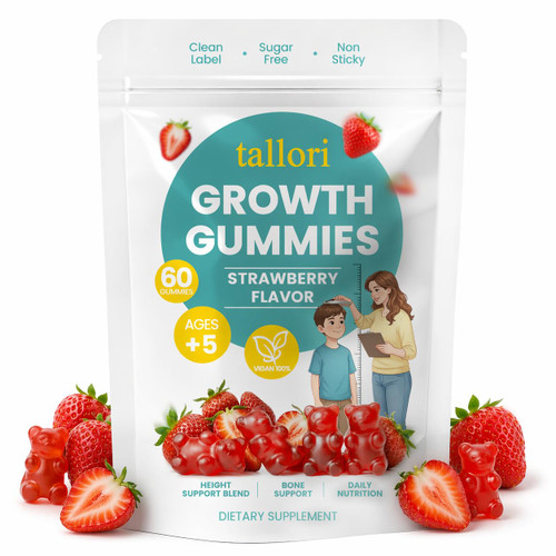 Pwkvsn Tallori Growth Gummies, Tallori Sugar Free Daily Nutrition Vitamins Supplement with Calcium, Vitamin D3, K2, Zinc & Omega-3, Daily Immunity & Bone Support, Strawberry Flavor, 60 Gummies