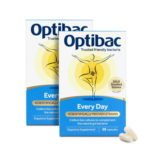 OptiBac Probiotics for Digestive Health, 30 Capsules Pack of 2 | 6 Scientifically Researched Strains with 5 Billion Live Cultures | Gluten Free & Vegetarian | Supports Gut Flora & Digestive Health