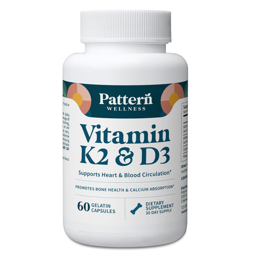 Pattern Wellness Vitamin K2 & D3 Supplement with Calcium – Bone Health, Circulatory Wellness & Immune Support - Non-GMO - 60 Capsules