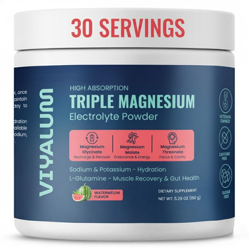 VIYALUM Triple Magnesium Electrolyte Powder | 250 mg High Absorption Magnesium Glycinate, Malate & Threonate | Sodium & Potassium Hydration Mix with L-Glutamine | Zero Sugar | 30 Servings (Watermelon)