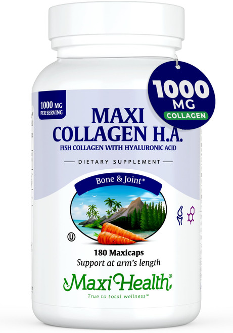 Maxi Health Marine Collagen Pills – 1000 mg Type 1 Collagen for Women & Men with Hyaluronic Acid Supplement for Joint & Skin Support – Unflavored, Clean Kosher Capsules (180 Maxicaps)