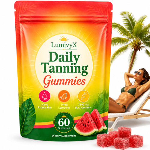 UXZQEN LumivyX-Tanning Gummies for Adults, Daily Beauty Gummies with Beta Carotene Blend, Skin Nourishing Formula for a Radiant-Looking Glow, Sour Watermelon Flavor, Vegan, 60 Count