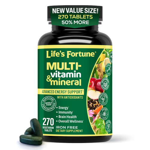 Life's Fortune Whole Food Multivitamin & Mineral Supplement for Men & Women – Energy Support Vitamins for Immune, Brain & Metabolism Support – Iron Free, 270 Vegetarian Tablets
