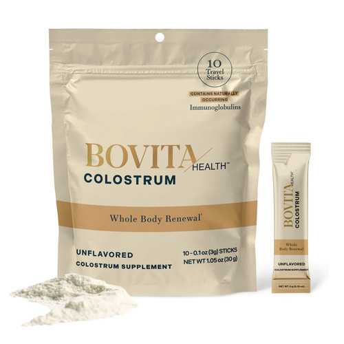 Bovita Health Colostrum Powder Supplement with 3g Calf-First Bovine Colostrum for Gut Health, Immune Support and Active Recovery - 0g Added Sugar, Gluten Free - Unflavored, 10-Count Stick Pack